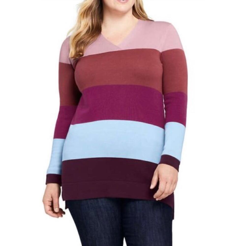 Lands’ End 100% Cotton Colorblock Sweater 1X Plus Size V-Neck